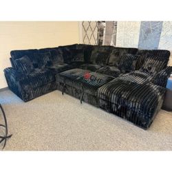 RIGHT HAND FACING Chaise Storage Corduroy Fabric Upholstered U-Shaped Sectional Sofa with Pull Out Bed and 6 Throw Pillows.