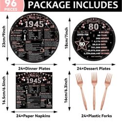 CHUNNIN 96Pcs 80th Birthday Plates and Napkins Women Back in 1945 Party Decorations Rose Gold 80 Year Old Party Dessert Plates 1945 Cake Tableware 