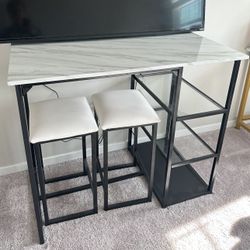 Modern 3-Piece Counter Kitchen Bar Table Set with 2 Compact Bar Stools, Metal Frame, Shelf Storage, Brass Pub Set with Faux Marble
