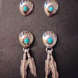Native American Sterling Silver and Turquoise Bear Paw Earrings/Richard Begay