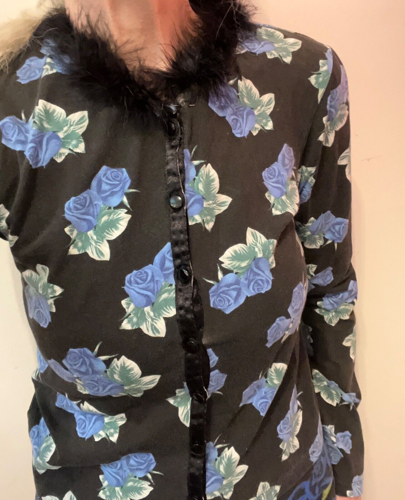 Vintage Tin Can Rose Feather Collar Cardigan Sweater Long Sleeve D