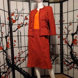 Kasper Ladies 2Pcs Red Vermillion Skirt/Jacket Boucl'e Fabric Size 6
