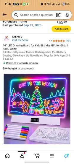 16" LED Drawing Board for Kids Birthday Gift for Girls 1 Pack, White
8 Colors 3 Dynamic Modes, Rechargeable 15H Battery Display, Glow Light Up Note Bo