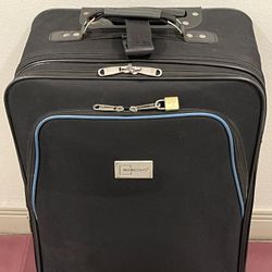 25"H (incl. wheels) x 16"W x 10.5" D (+1" extra expansion), 2-Wheel, Black Soft-Side LUGGAGE - posted price is firm.