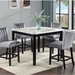 ☄️ Dining Set 5 Pcs, Counter Height, White And Black, Chairs Gray Color.