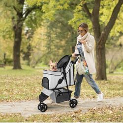 Dog Stroller, Pet Stroller for Small Dogs Cats, Up to 33 LBS with Storage Basket & Cup Holder, Grey