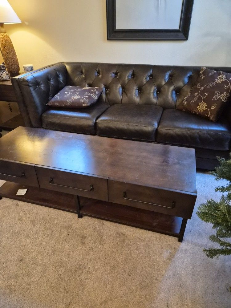 Leather Couch with Coffee Table
