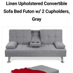 Linen  Convertible Futon W/ 2 Cup Holder. Gray