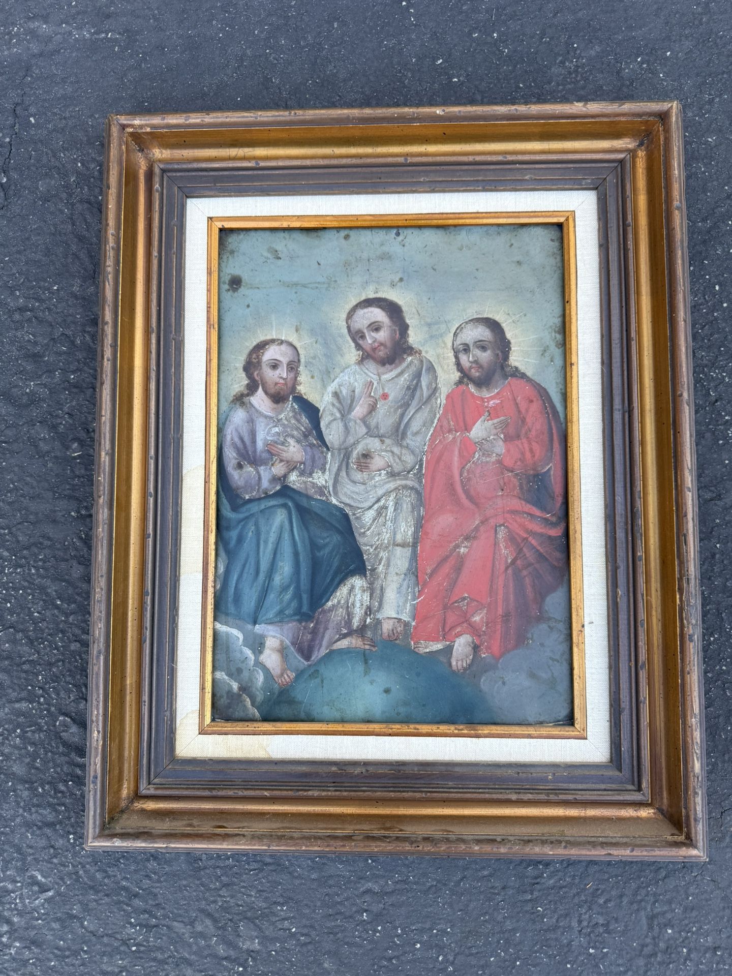 Large Antique Retablo on Tin — The Holy Trinity