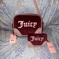 New Pink Maroon Juicy Couture Crossbody Purse + Wallet NWT Bag Velour Retro Vibe 