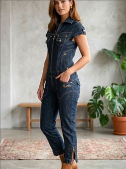 Size M_Women's Dark Blue Denim Jumpsuit Jeans