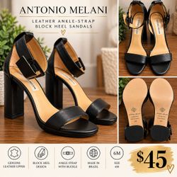 Antonio Melani Black Leather Block Heel Sandals – Size 6M