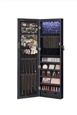 6 LEDs Mirror Jewelry Cabinet, 47.2-Inch Tall Lockable Wall or Door Mounted Jewelry Armoire Organizer with Mirror, 2 Drawers, 3.9 x 14.6 x 47.2 Inches