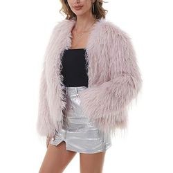Faux Fur Pink Coat Women’s Jacket Shaggy Outwear Long Sleeve Warm Winter US Large