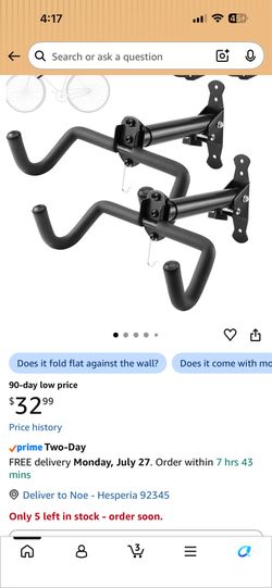 Bike Rack Wall Mount, 2 Pack Foldable Bike Hanger, Heavy Duty Garage Bike Rack with EVA Foam, Hooks, Adjustable Length, Up to 50 lbs, Suitable for Mou