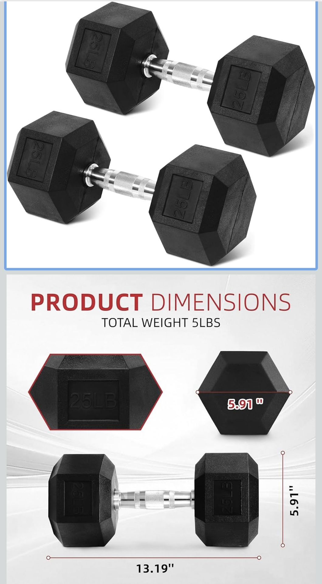 Rubber Encased Hex Weights Dumbbells Set of 25 lb Pair | Cast Iron Hand Weights with Anti-Slip Grip for Home Gym Strength Training