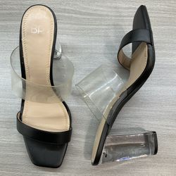 BP WOMENS NAOMI ACRYLIC CLEAR HEEL STRAP SANDAL BLACK HEEL SLIDE 