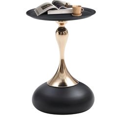 2986: New Small Black Round Side Table Pedestal for Small Spaces, Metal Unique End Table for Living Room, Modern Corner Accent Tables Drink Martini Ta