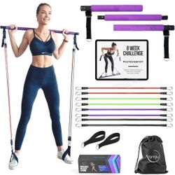 Portable Pilates Bar Kit with Resistance Bands (20, 30, 40, 50 LB) - Guided 8-Week Pilates Bar Kit Plan - Premium Quality Home Equipment 3-Section Pil