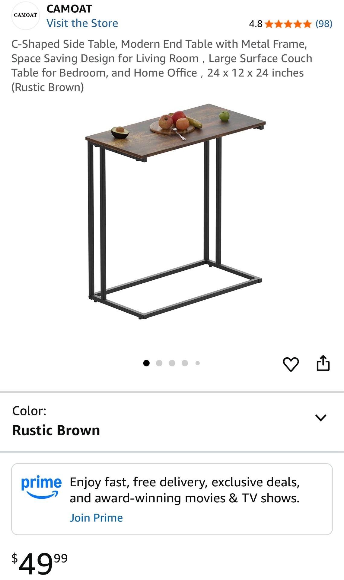 C-Shaped Side Table, Modern End Table with Metal Frame, Space Saving Design for Living Room，Large Surface Couch Table for Bedroom, and Home Office，24 