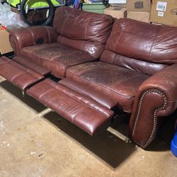 Broyhill Leather Reclining Sofa - 2 Piece - Nailhead Border - Saddle Leather Style - Maroon Perfect For Aggie Fans 