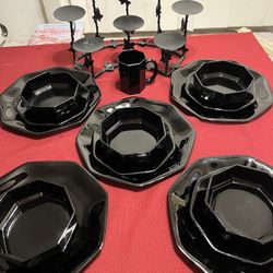 Black dishes set with plates, bowls, mug + black 2 tier multi candle holder