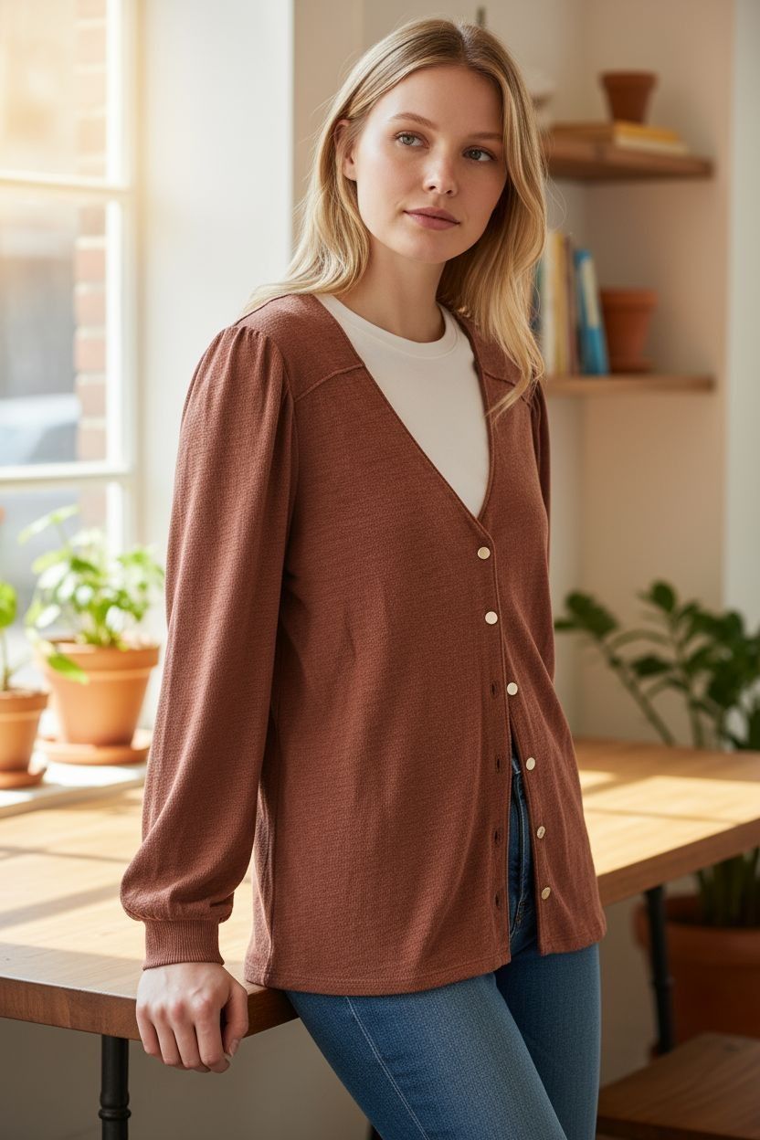 Rust Top With Puff Sleeve And Button Down