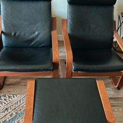 IKEA Black Leather Armchairs And Ottoman