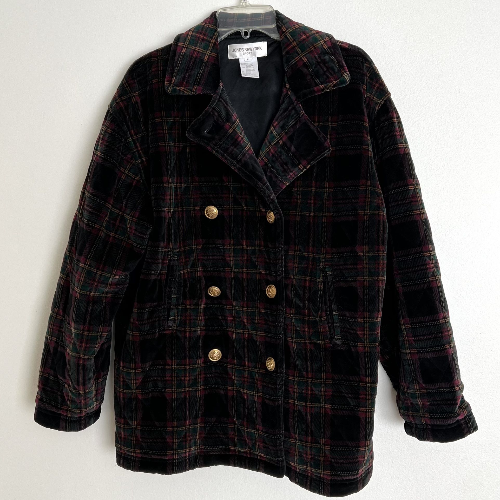 Vintage Jones New York Sport Plaid Quilted Velvet Jacket Size L Heavy and Warm