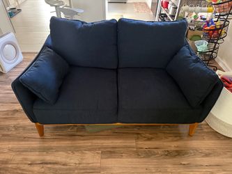 Navy Blue Fabric Loveseat with Wood Legs