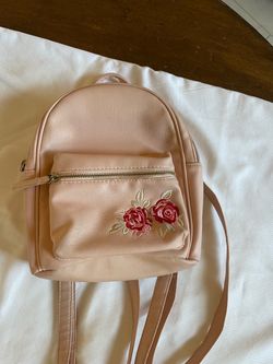Pink Mini Backpack with Rose Embroidery