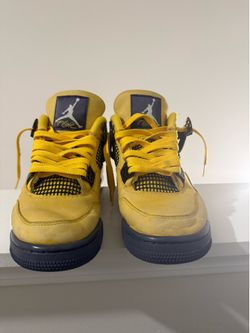Size 9.5 yellow/black Jordan 4s. Used condition with normal creasing and wear. Clean overall and still look good on feet. No box. Selling as shown in 