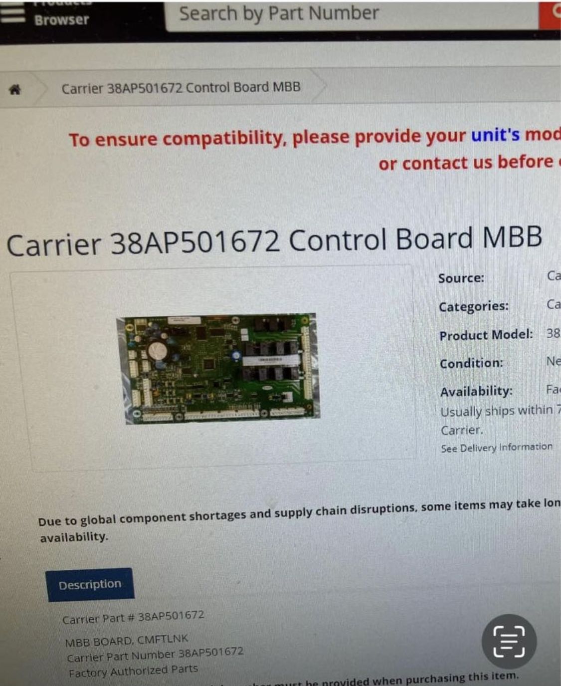 Carrier 38AP501672 Control Board MBB