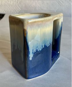 Vintage 12-oz MCM Rodolfo Padilla Blue & Cream Drip Glaze Pottery Mug