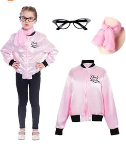 1950s Girls Party Pink Ladies Jacket Grease Costume with Chiffon Pink Neck Scarfs and Black Cat Eye Glasses used size 8 kids