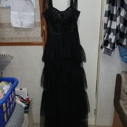 City Studios Sequin Corset Tie Shoulder Layered Gown