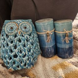 Ceramic Owl Candle Holder & Two Candles 