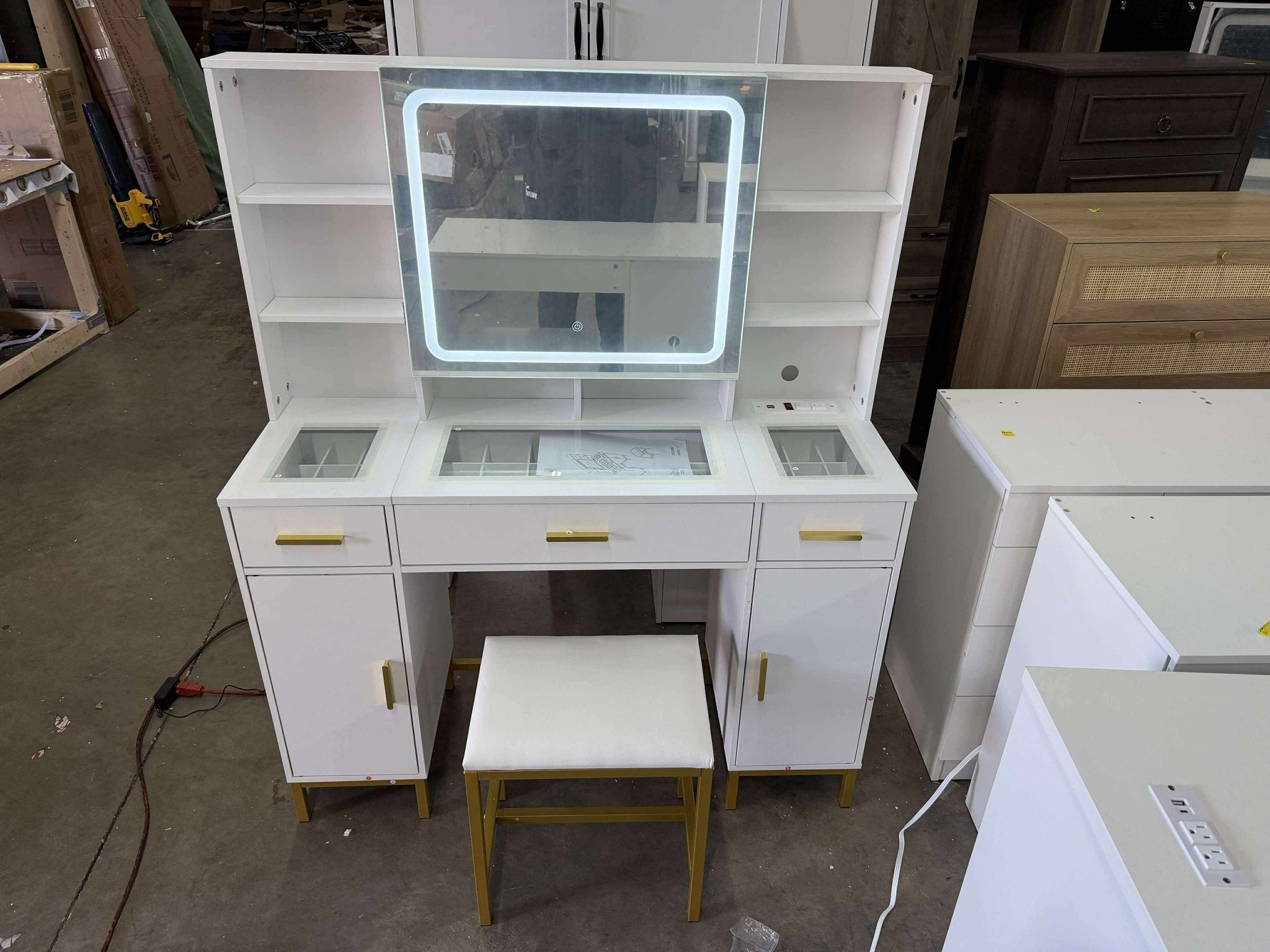 Makeup Vanity Set With LED Mirror Metal Stool White