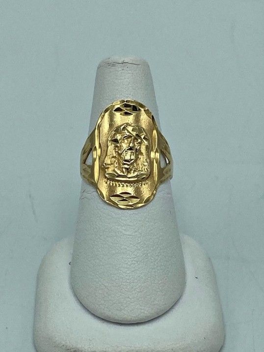 14k Yellow Gold Large Signet Style Jesus Ring Size 7