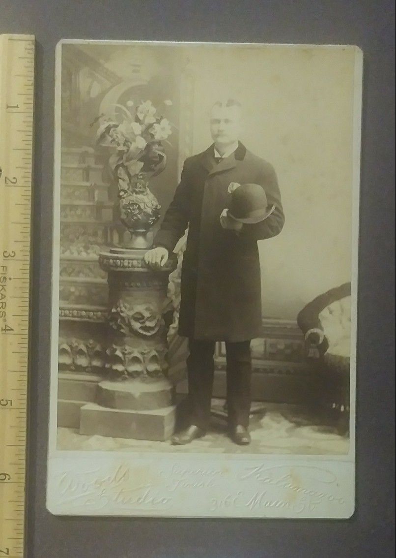 1880's 1890's Gentleman Man Holding Hat Wood's Studio Superior Finish Kalamazoo 316 E. Main St. Victorian Photo Photograph Antique Cabinet Card OOAK
