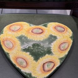 Vintage Painted Platter Shapes Like a Heart Decorated with Sunflowers