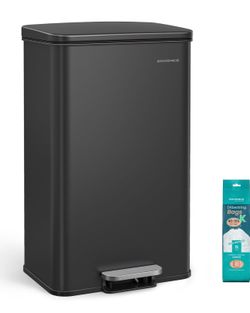 Trash Can, 10.5 Gallon (40 L) Large Step Bin with Lid Garbage Can, Stainless Steel, Soft Close, 15 Trash Bags Included, Ink Black, PLUSHIC Collection
