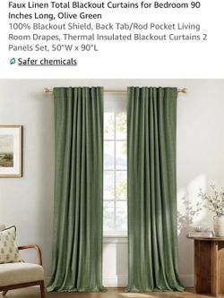 50x90” 2-panel blackout curtain set, green, new