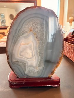 Large Polished Agate Slice on Wood Stand