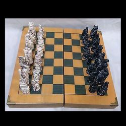 Vintage Korean Hand Carved Marble Chess Set in Wooden Box Black & White Figures