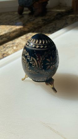 Glass Faberge Egg ( Black With Gold Etchings )