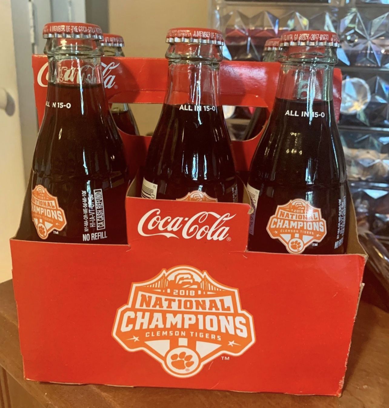 Collector’s Edition CLEMSON UNIVERSITY TIGERS 2018 NATIONAL FOOTBALL  CHAMPIONS COKE/COCA-COLA BOTTLES 6 Pack