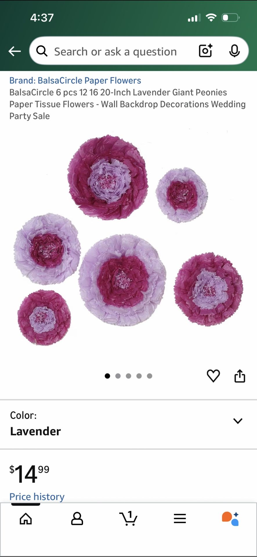 6 pcs 12 16 20-Inch Lavender Giant Peonies Paper Tissue Flowers