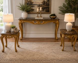 Refurbished 3-Piece Real Marble Table Set – Golden Oak – Console & 2 End Tables