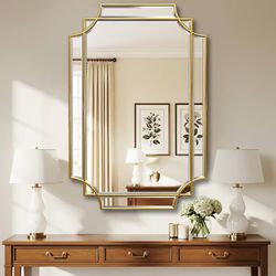 Gold Mirror for Beveled Wall, Gold Traditional Art Decorative Mirror Home Decor for Bathroom Living Room Bedroom Kitchen Entrance